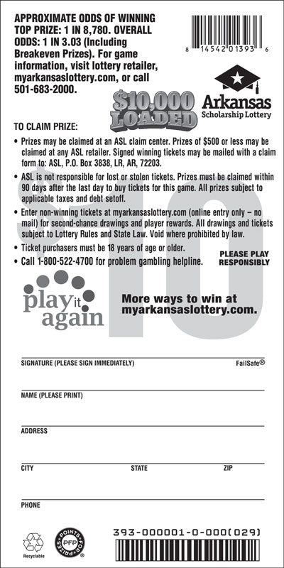 $10,000 Loaded - Game No. 393 Arkansas Lottery Instant Ticket - $10,000 Loaded