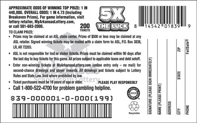 5X the Luck - Game No. 839 - Back 5X the Luck - Game No. 839